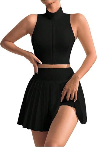 OYOANGLE Women's 2 Piece Tennis Workout Sets Solid Zip Tank Top Pleated Midi Skirt Gym Sport Summer Outfits in Saudi Arabia