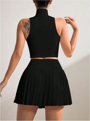 OYOANGLE Women's 2 Piece Tennis Workout Sets Solid Zip Tank Top Pleated Midi Skirt Gym Sport Summer Outfits in Saudi Arabia