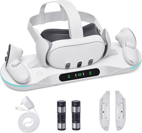 قاعدة شحن لـ Meta Quest 2، محطة شحن VR لـ Quest 2 مع بطاريتين قابلتين للشحن وشاحن وكابل USB-C، تدعم مؤشر LED in Kuwait