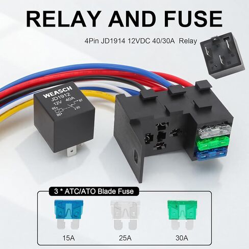 12V 3 Way Fuse Relay Kit, 4 Pin SPST 40A, Heavy Duty 12 AWG Copper Wires, with 1 Relay and 3 x ATC/ATO Blade Fuses, for Cars Truck Marine Boat Jeep (1) in Kuwait