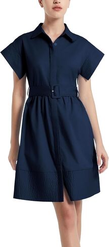D-Sun Women Casual Button Down Shirt Dress V-Neck Short Sleeves Mini Shirt Dress Belted Short Party with Pockets in Saudi Arabia