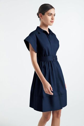 D-Sun Women Casual Button Down Shirt Dress V-Neck Short Sleeves Mini Shirt Dress Belted Short Party with Pockets in Saudi Arabia