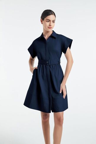 D-Sun Women Casual Button Down Shirt Dress V-Neck Short Sleeves Mini Shirt Dress Belted Short Party with Pockets in Saudi Arabia