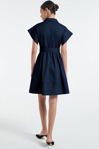 D-Sun Women Casual Button Down Shirt Dress V-Neck Short Sleeves Mini Shirt Dress Belted Short Party with Pockets in Saudi Arabia