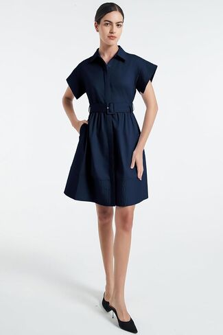 D-Sun Women Casual Button Down Shirt Dress V-Neck Short Sleeves Mini Shirt Dress Belted Short Party with Pockets in Saudi Arabia