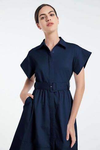 D-Sun Women Casual Button Down Shirt Dress V-Neck Short Sleeves Mini Shirt Dress Belted Short Party with Pockets in Saudi Arabia