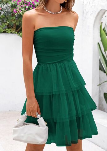 PRETTYGARDEN Womens Tulle Dress Strapless Tube Top Short Dress Summer Ruffle Tiered Party Wedding Guest Dresses in Saudi Arabia