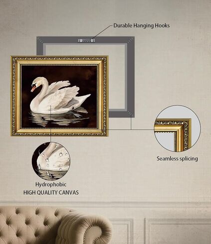 AIMAILON Vintage Canvas Gold Wall Art Framed Decor for Living Room - Lone Holy Swan Decor for Office School, Classical Grace Swan Wall Art Prints Picture Home Decoration, Animal Artwok 8x10 in Kuwait