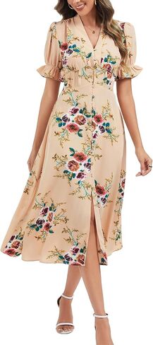 Kormei Women's Casual V Neck Boho Floral Short Sleeve Button Down Split A line Summer Beach Party Long Dress with Pockets in Kuwait
