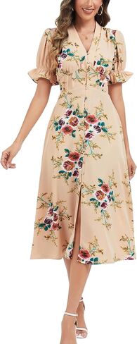 Kormei Women's Casual V Neck Boho Floral Short Sleeve Button Down Split A line Summer Beach Party Long Dress with Pockets in Kuwait