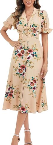 Kormei Women's Casual V Neck Boho Floral Short Sleeve Button Down Split A line Summer Beach Party Long Dress with Pockets in Kuwait
