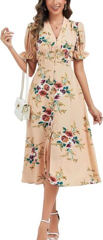 Kormei Women's Casual V Neck Boho Floral Short Sleeve Button Down Split A line Summer Beach Party Long Dress with Pockets in Kuwait