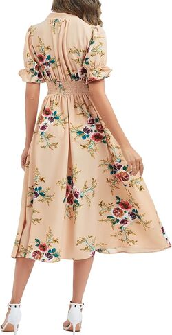 Kormei Women's Casual V Neck Boho Floral Short Sleeve Button Down Split A line Summer Beach Party Long Dress with Pockets in Kuwait