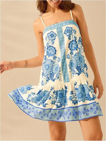 شينهي الزهرية الزهرية Sundress الكشكش حافة الحزام فضفاض تدفق بوهو كامي فستان in Kuwait