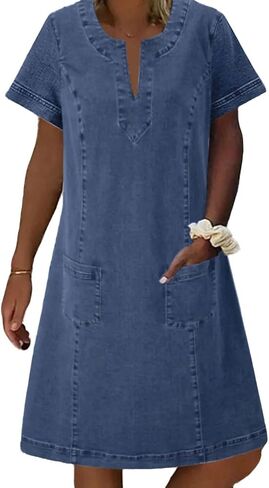 Chartou Women Denim Dress Short Sleeve Mini Jean Dress Jumper Babydoll Summer Shift Dress in Kuwait
