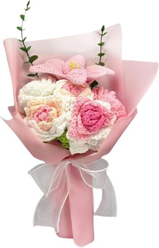 Crochet Flower Bouquet, 3 Flowers Crochet Graduation Flower Bouquet, Knitted Bouquet, Roses, Preserved Flower for Mother's Day, Valentine's Day, Birthday (pink) in Kuwait
