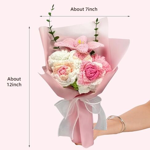 Crochet Flower Bouquet, 3 Flowers Crochet Graduation Flower Bouquet, Knitted Bouquet, Roses, Preserved Flower for Mother's Day, Valentine's Day, Birthday (pink) in Kuwait
