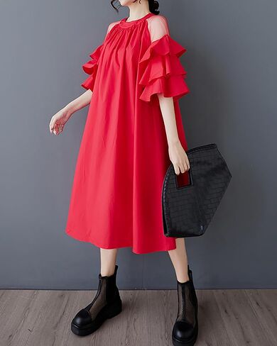 ellazhu Women's Dress Crewneck Short Sleeved Chiffon Fashion Ruffled Sleeves GZ451 in Saudi Arabia