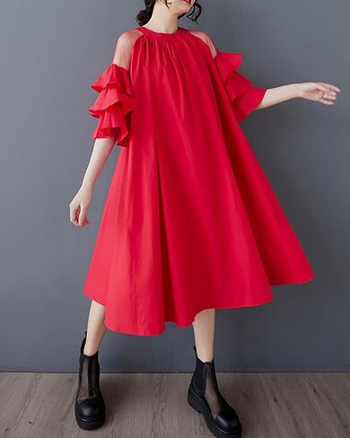 ellazhu Women's Dress Crewneck Short Sleeved Chiffon Fashion Ruffled Sleeves GZ451 in Saudi Arabia