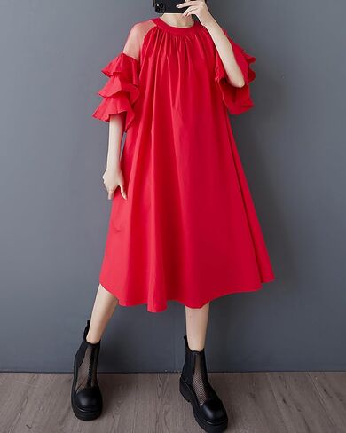 ellazhu Women's Dress Crewneck Short Sleeved Chiffon Fashion Ruffled Sleeves GZ451 in Saudi Arabia