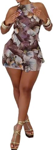 Yuopeid Women's Sexy Halter Neck Backless Printed Mini Dress Floral Layered Ruffle Bodycon Short Party Dress in Kuwait
