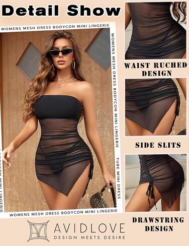 Avidlove Womens Mesh Dress Bodycon Mini Lingerie Dress Y2K عارية الذراعين أنبوبًا روتشيفات فستان ملابس النادي in Saudi Arabia