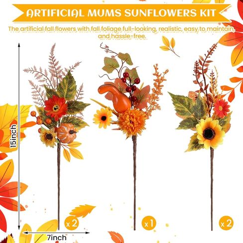 2 Sets Fall Artificial Cemetery Flowers with Vase for Grave Autumn Silk Sunflowers Orange Daisy Pumpkin Fall Graveyard Memorial Flowers for Thanksgiving Autumn Headstones Cemetery Decor in Saudi Arabia