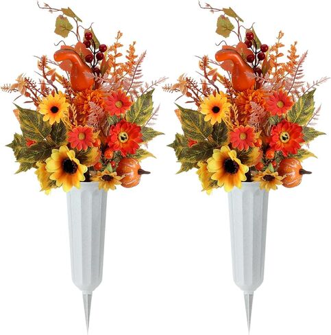 2 Sets Fall Artificial Cemetery Flowers with Vase for Grave Autumn Silk Sunflowers Orange Daisy Pumpkin Fall Graveyard Memorial Flowers for Thanksgiving Autumn Headstones Cemetery Decor in Saudi Arabia