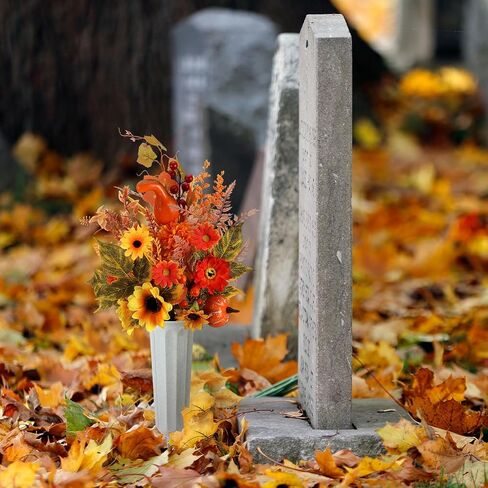 2 Sets Fall Artificial Cemetery Flowers with Vase for Grave Autumn Silk Sunflowers Orange Daisy Pumpkin Fall Graveyard Memorial Flowers for Thanksgiving Autumn Headstones Cemetery Decor in Saudi Arabia