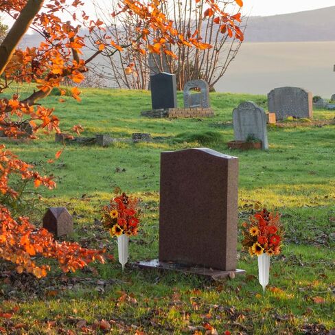 2 Sets Fall Artificial Cemetery Flowers with Vase for Grave Autumn Silk Sunflowers Orange Daisy Pumpkin Fall Graveyard Memorial Flowers for Thanksgiving Autumn Headstones Cemetery Decor in Saudi Arabia