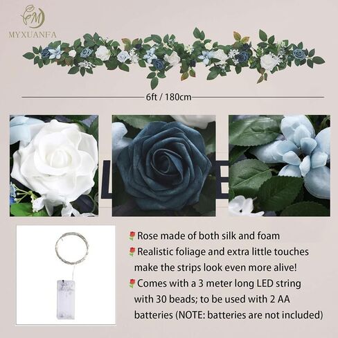 6 Ft Flower Garland with Lights, Artificial Eucalyptus Garland with Rose Flowers, MYXUANFA Flower Vine for Wedding Arch Table Centerpiece Room Decor Battery Operated in Saudi Arabia