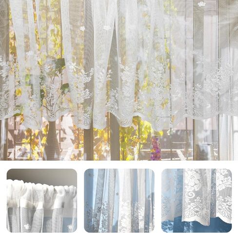 White Lace Window Valance - 59"x23.6" Floral Semi-Sheer Curtain with Rod Pocket Vintage Privacy Sheer for Bedroom/Bathroom, Farmhouse & Cottage Decor 001 in Saudi Arabia