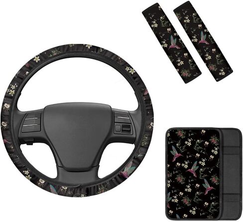 Bright Floral Flowers Blossom Car Steering Wheel Cover+Soft Auto Center Console Cover Pad Cushion+Safety Belt Pads Set of 4 for Women Lady Universal Fit for Auto Truck Van SUV in Kuwait