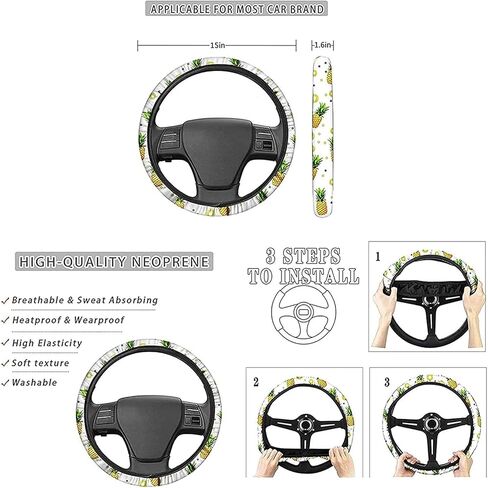 Bright Floral Flowers Blossom Car Steering Wheel Cover+Soft Auto Center Console Cover Pad Cushion+Safety Belt Pads Set of 4 for Women Lady Universal Fit for Auto Truck Van SUV in Kuwait