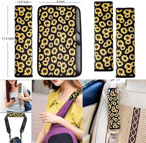Bright Floral Flowers Blossom Car Steering Wheel Cover+Soft Auto Center Console Cover Pad Cushion+Safety Belt Pads Set of 4 for Women Lady Universal Fit for Auto Truck Van SUV in Kuwait