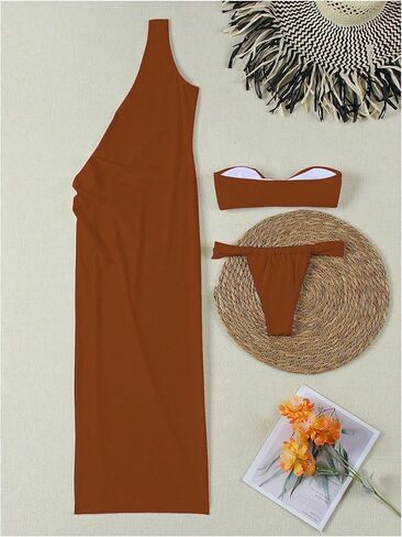 Soly Hux Women's 3 Piece Swimsuit Bandeau Bikini Pasting Suit With Bust Up Dress in Kuwait