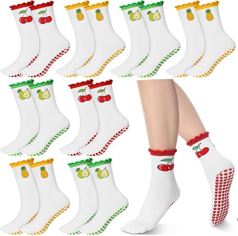 Jeyiour 9 Pairs Non Skid Socks Cute Non-slip Crew Socks with Embroidered Design Fruit Pilates Socks for Women Sports in Saudi Arabia