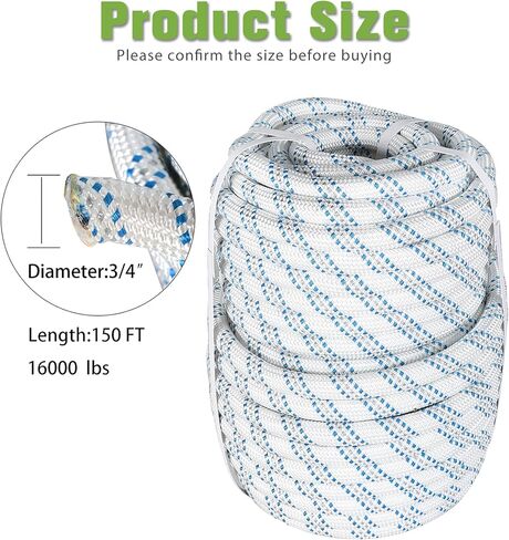 High Strength Braid Rope Nylon Pulling Rope Polyester Rope Multipurpose Bull Arborist Rigging 3/4 Inch x 150 Feet White Grey Blue in Kuwait