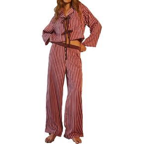 HOXIJIA Women Y2K Floral Printed 2 Pieces Pajamas Sets Long Sleeve Tie Front Shirt and Wide Leg Pants 2PCS Lounge Outfits in Kuwait