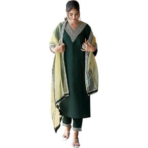Women's Silk Blend Embroidery Lace Straight Kurta With Pant And Dupatta in Kuwait