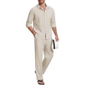 WEEN CHARM Mens Shirts Casual 2 Piece Long Sleeve Button Down Cuban Shirt and Pants Set Summer Beach Outfits in Kuwait