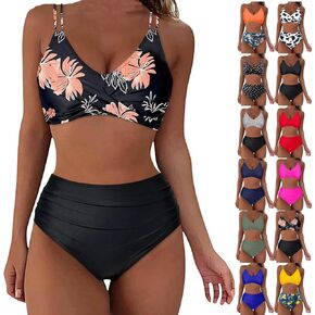 مجموعات بيكيني عالية الخصر للنساء التحكم في البطن طباعة استوائية قطعتين بدلة السباحة الأمامية الصليب الصليب رفع ملابس السباحة in Kuwait
