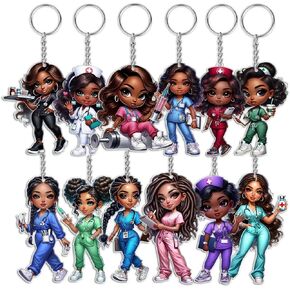 12pcs African American Nurse Acrylic Keychains - 2D Cute RN/LPN Charms, Nursing Graduation/Student Gifts | Backpack/Car/Office Decor, Birthday/Christmas/Nurse Week Party Favors in Kuwait