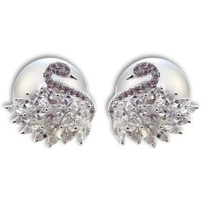 Moonlit Serenade Swan Stud Earrings for Women, Trendy Double-Sided Swan & Grey Crystal Big Pearl Studs, Hypoallergenic Sterling Silver Earring Posts, Statement Pearl Jewelry, Cute Unique Jewelry Gift in Saudi Arabia