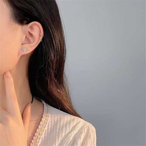 Cute Tiny Sun 925 Sterling Silver Small Stud Earrings for Women Men Minimalist Cartilage Tragus Piercings Studs Hypoallergenic Fashion Jewelry Gifts for Birthday Christmas Daughter 8.8mm in Saudi Arabia