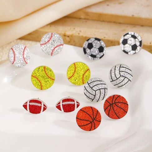 6 Pair Sport Ball Stud Earrings Set for Women Stackable Sport Acrylic Glitter Volleyball Baseball Basketball Football Rugby Earrings for Sport Lover Mother's Day in Saudi Arabia