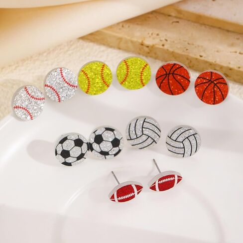 6 Pair Sport Ball Stud Earrings Set for Women Stackable Sport Acrylic Glitter Volleyball Baseball Basketball Football Rugby Earrings for Sport Lover Mother's Day in Saudi Arabia