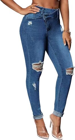 Women Slim Skinny Fit Ripped Cropped Jeans Stretch Distressed Destroyed High Waisted Denim Pants in Saudi Arabia