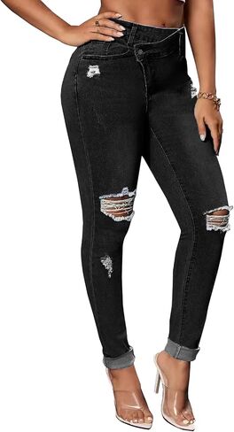 Women Slim Skinny Fit Ripped Cropped Jeans Stretch Distressed Destroyed High Waisted Denim Pants in Saudi Arabia