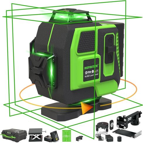مستوى الليزر للبلاط 360 مستوى ذاتي التسوية - الأرضية 4x360 شعاع أخضر عبر خط أداة تسوية الليزر - 16 خط سقف ليزر نيفيل للبناء مع علبة صلبة الجوانب وبطاريتين in Kuwait